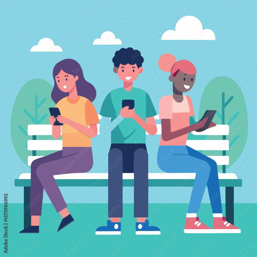 Young people holding phone on bench park vector. Young people holding phone on bench park vector.