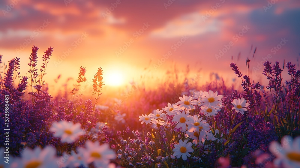 A tranquil meadow at dawn blooming with delicate heather and wildflowers A tranquil meadow at dawn blooming with delicate heather and wildflowers