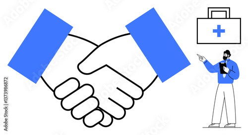 Handshake symbolizing healthcare partnership, medical professional pointing at hospital briefcase. Ideal for collaboration, teamwork, trust, healthcare, medical services, partnerships, agreements