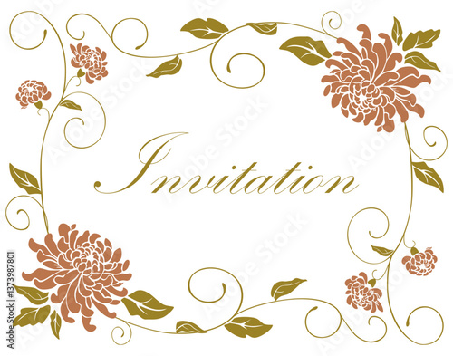 Frame floral decorative, orange chrysanthemum flowers, golden leaves, tendrils, invitation card, decoration, vector illustration