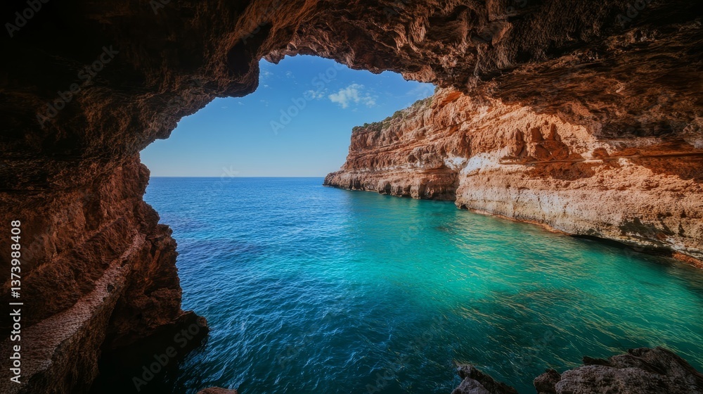 Bright turquoise waters swirl within a secluded sea cave, surrounded by rugged cliffs, bathed in light and shadow, creating a tranquil, mysterious atmosphere Bright turquoise waters swirl within a secluded sea cave, surrounded by rugged cliffs, bathed in light and shadow, creating a tranquil, mysterious atmosphere