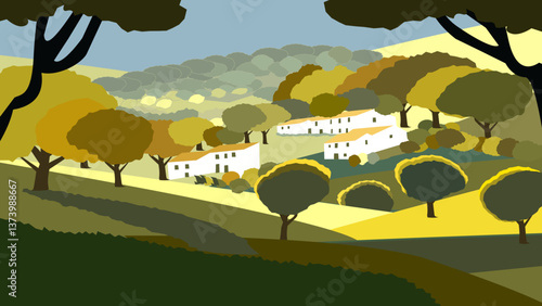 A vector image of an English village with cozy cottages, green lawns, and ancient trees.
