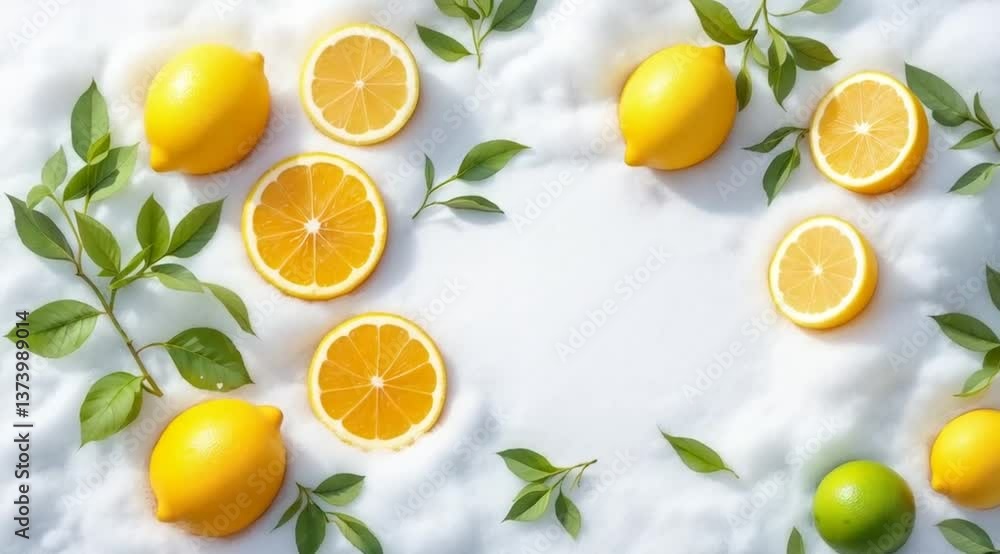 Fresh lemon slices and leaves on fluffy surface Fresh lemon slices and leaves on fluffy surface