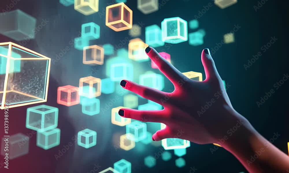 Hand Reaching Towards Glowing Geometric Cubes On Dark Background Visualization Hand Reaching Towards Glowing Geometric Cubes On Dark Background Visualization