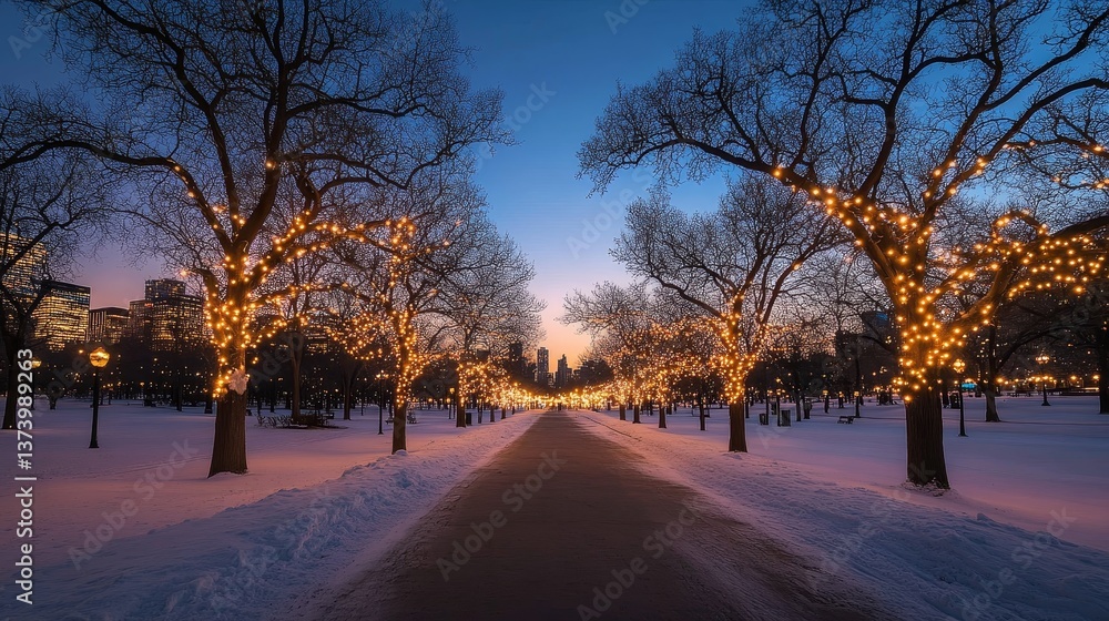 Soft blue and gold lights wrap around branches, creating a serene atmosphere along a snowy walkway with distant city lights enhancing the peaceful winter scene Soft blue and gold lights wrap around branches, creating a serene atmosphere along a snowy walkway with distant city lights enhancing the peaceful winter scene