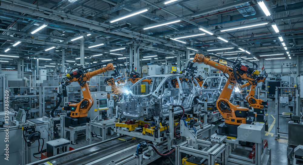 Automated car assembly in high-tech factory Automated car assembly in high-tech factory