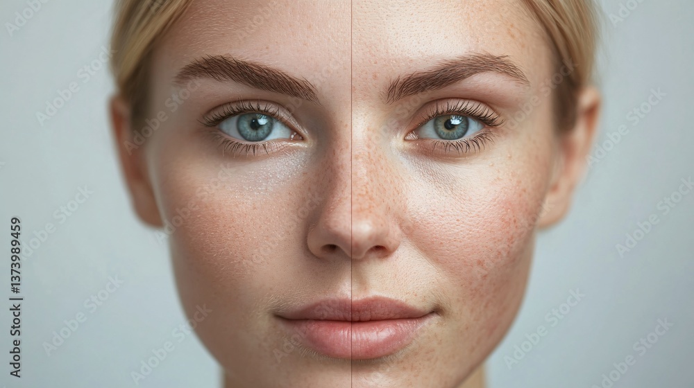 Fototapeta premium Woman face wrinkles before and after treatment, skincare and health concept.