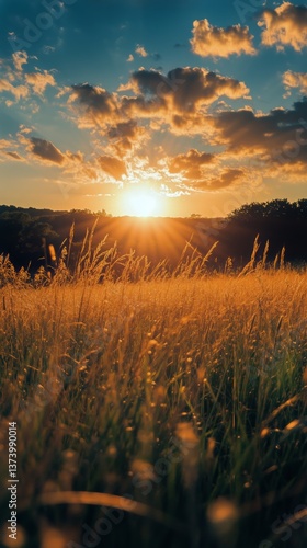 Golden Sunset Over a Grassy Field With Clouds in the Evening Sky