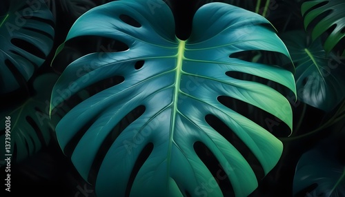 Close up of a tropical leaf of monstera plant in darkness