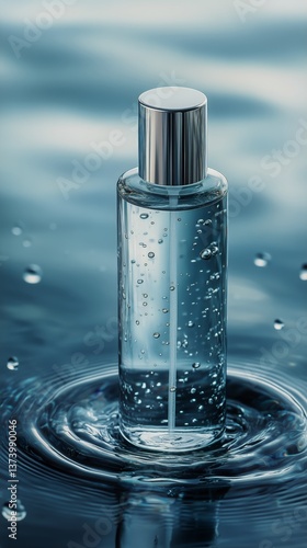 Clear Liquid Bottle Floating in Rippling Water With Droplets Around During So...