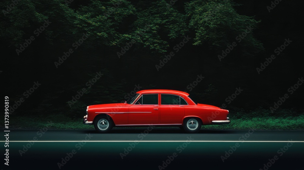 Fototapeta premium Vintage red car parked on a dark forest road, showcasing classic automotive design against a serene natural background