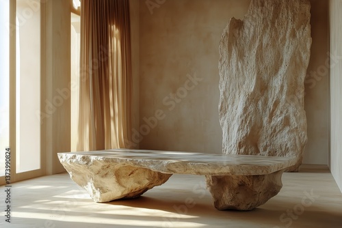 Modern Interior Design Featuring Minimal Stone Furniture in Bright Natural Light