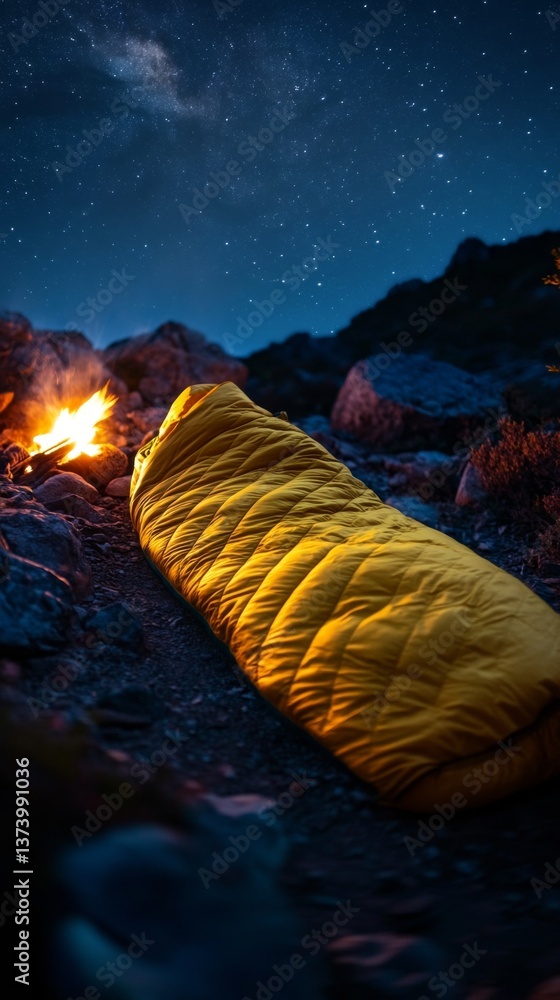 A cozy yellow sleeping bag lies under the starry sky. Nearby, a warm campfire adds a comforting glow. Perfect for outdoor adventures and camping nights. Generative AI