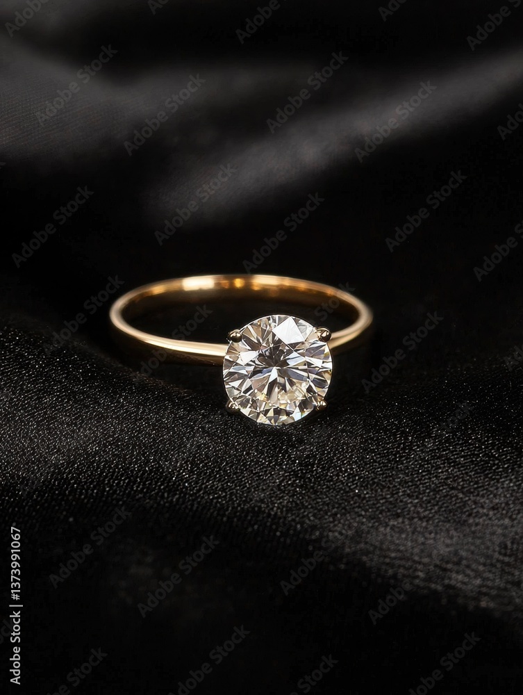 Close-up of a gold ring with a round diamond in the center. the diamond is set in a prong setting and is surrounded by a thin gold band. Close-up of a gold ring with a round diamond in the center. the diamond is set in a prong setting and is surrounded by a thin gold band.