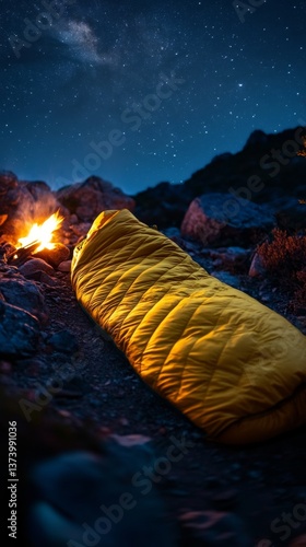 Obraz na płótnie A cozy yellow sleeping bag lies under the starry sky. Nearby, a warm campfire adds a comforting glow. Perfect for outdoor adventures and camping nights. Generative AI w salonie