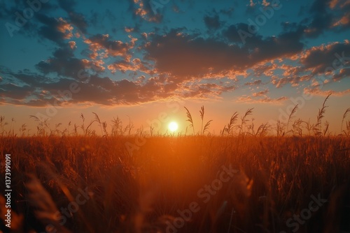 Golden Sunset Over a Field of Tall Grass With Clouds Scattered in the Sky