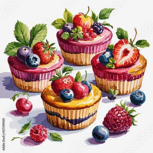 Watercolor Mini Fruit Cheesecakes with Berries