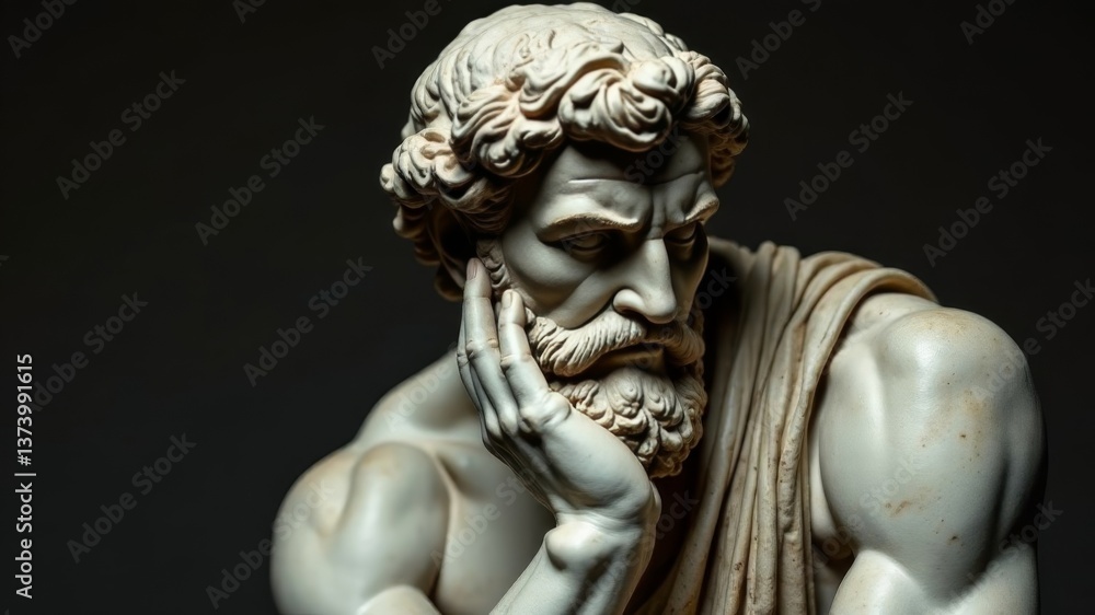Fototapeta premium Thoughtful ancient marble statue of muscular bearded man in dramatic lighting.