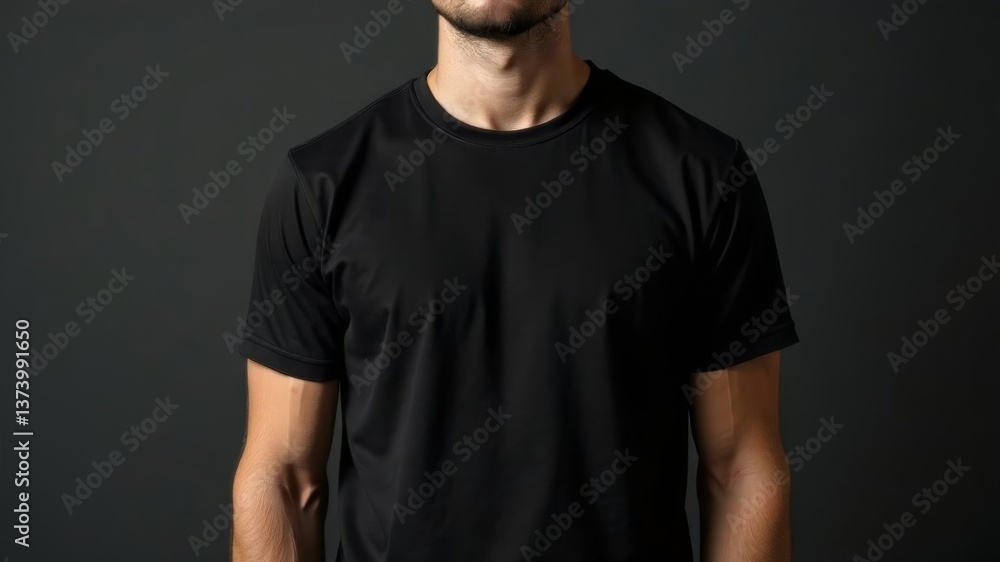 Man wearing plain black t-shirt standing against dark background close-up shot. Man wearing plain black t-shirt standing against dark background close-up shot.