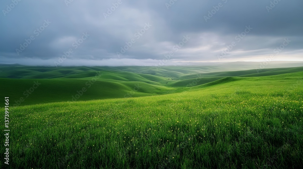 Lush green fields stretch endlessly beneath an overcast sky, complemented by delicate yellow wildflowers that enhance the serene rural atmosphere Lush green fields stretch endlessly beneath an overcast sky, complemented by delicate yellow wildflowers that enhance the serene rural atmosphere