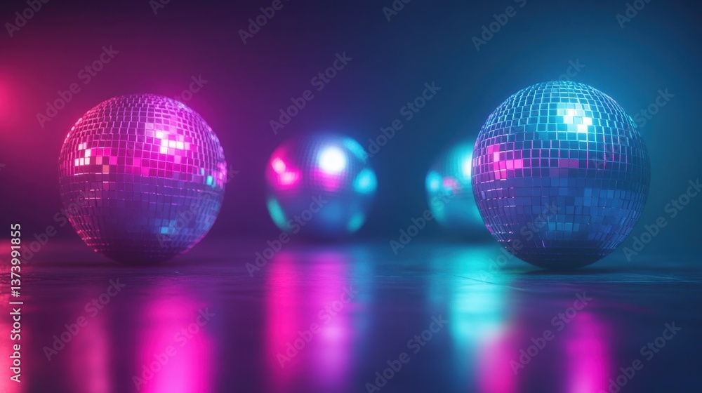 Obraz premium Shimmering Disco Balls on Dance Floor with Colorful Light Effects Creating a Vibrant and Lively Atmosphere for Party and Celebration Events