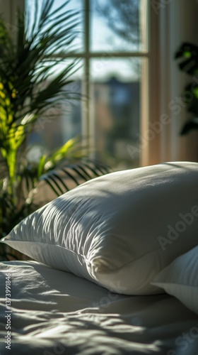 Cozy Bedroom With Soft Pillows and Gentle Sunlight Streaming Through the Curt...