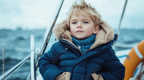 A young boy stands confidently on a boat, clutching the rail as he embraces the ocean breeze, representing freedom, adventure, and a thrill for life. photo