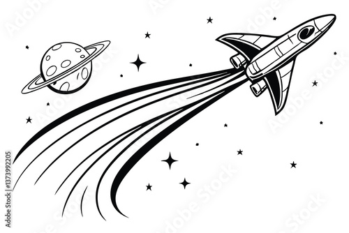 Space shuttle launching and flying in space with a rocket in a vector illustration
