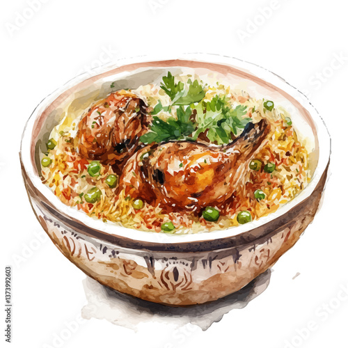 A watercolor vector of biryani, isolated on a white background. Biryani vector.

