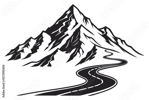 Winter mountain peak vector illustration, snow forest landscape art