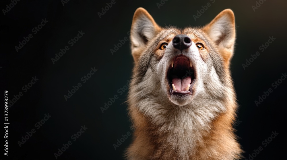 Naklejka premium A striking close-up of a howling coyote, showcasing its expressive features, beautiful fur, and piercing eyes in a captivating light against a dark backdrop emphasizing its wild essence.