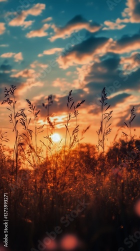 Golden Sunset Over a Grassy Field With Clouds in the Evening Sky