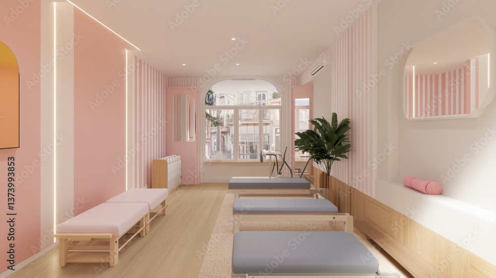 Fototapeta premium A serene pilates studio with soft pastel walls, reformer machines, and a bright, airy atmosphere.