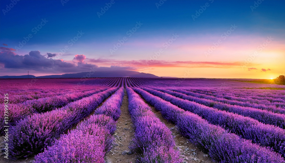 Obraz premium Beautful landscape scenery with purple lavender fields with the sunset in the background