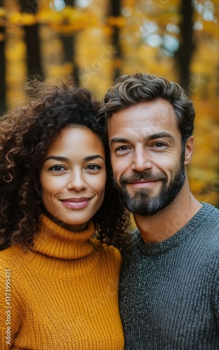 Couple Enjoys a Cozy Moment in a Forest During Autumn With Vibrant Foliage