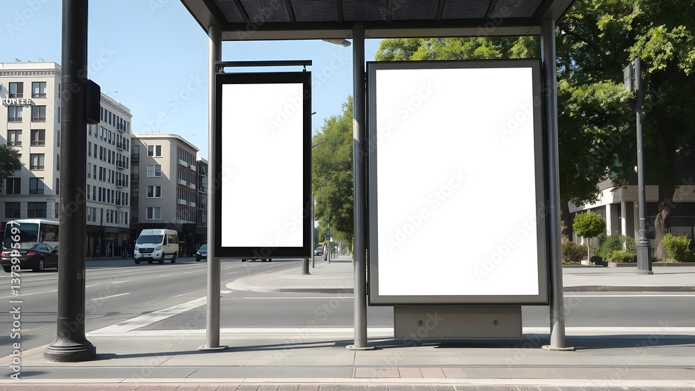 Vertical blank white billboard at bus stop on city street. In the background buildings and road. Mock up. Poster on street next to roadway. Sunny summer day Vertical blank white billboard at bus stop on city street. In the background buildings and road. Mock up. Poster on street next to roadway. Sunny summer day