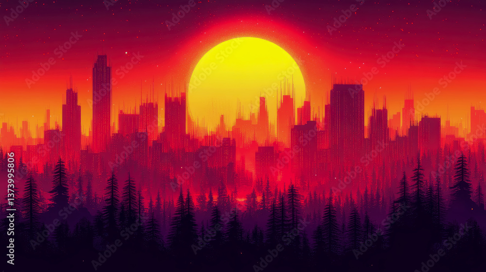 Fototapeta premium Distant Metropolis: A fiery sunset over a silhouetted city, framed by an enigmatic forest horizon.
