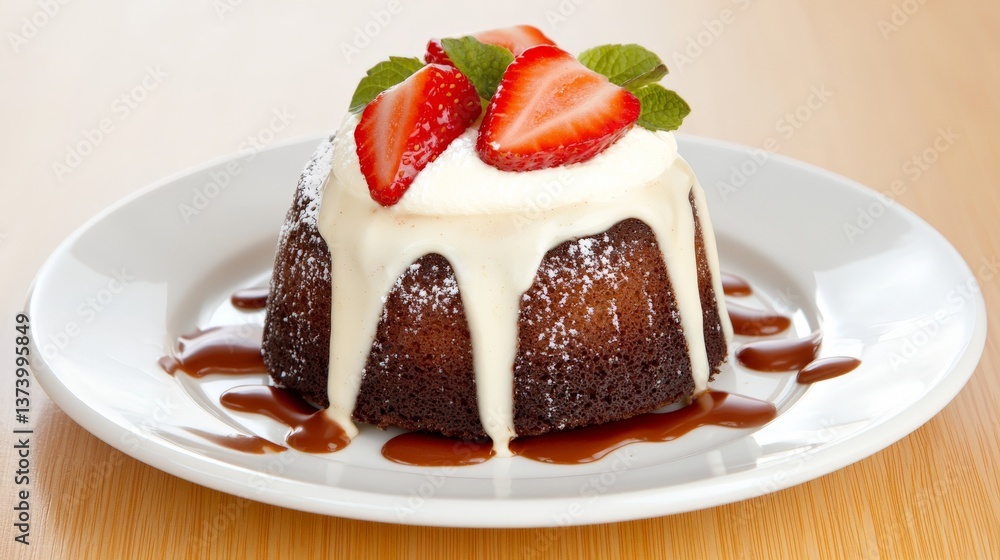 Chocolate glazed cake topped with whipped cream strawberries and syrup drizzled on top served on white plate with rich layered interior rustic dessert styling concept in sweet comfort food imagery Chocolate glazed cake topped with whipped cream strawberries and syrup drizzled on top served on white plate with rich layered interior rustic dessert styling concept in sweet comfort food imagery