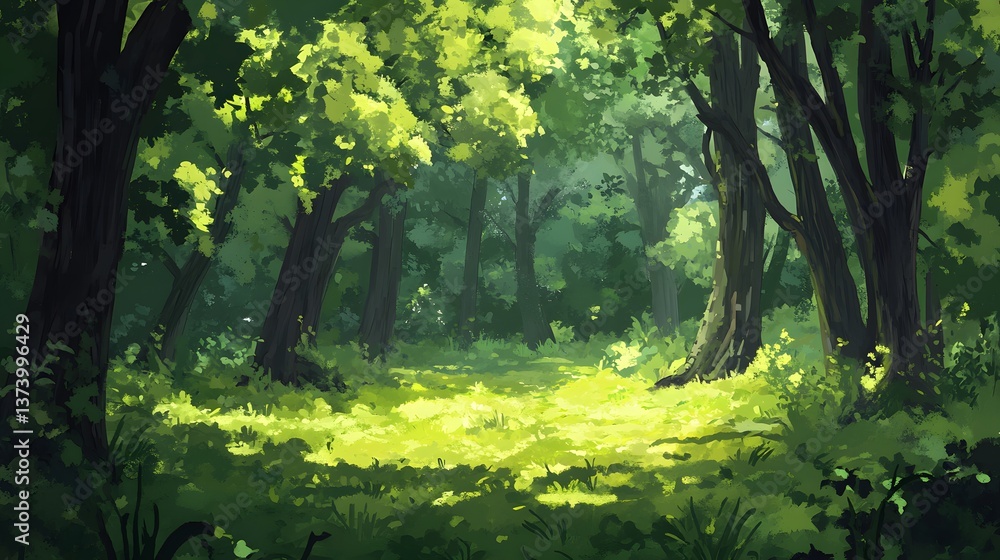 Naklejka premium Enchanting Anime Forest with Sunlight Rays – Lush Green Fantasy Wallpaper