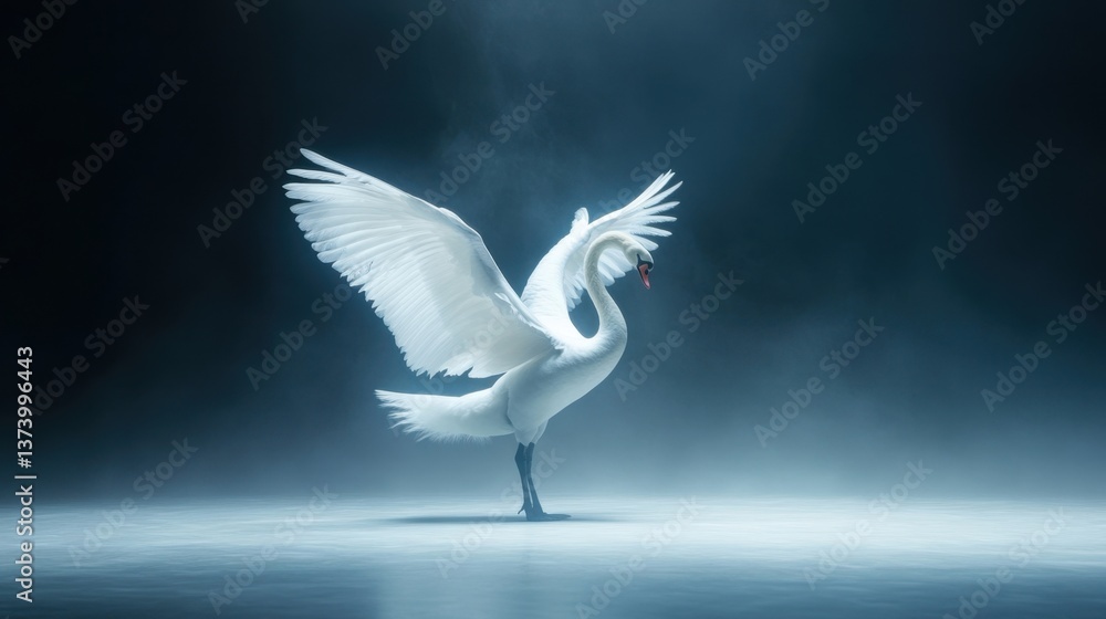 Obraz premium Elegant white swan gracefully spreading its wings amidst soft mist in a serene setting, embodying beauty, grace, and tranquility in nature's splendor