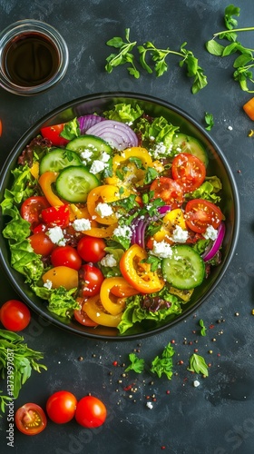 Fresh Vegetable Salad With Colorful Ingredients Served on a Dark Table