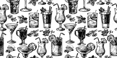 Hand drawn sketch seamless pattern of alcoholic cocktails. Vector illustration