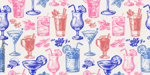 Hand drawn sketch seamless pattern of alcoholic cocktails. Vector illustration
