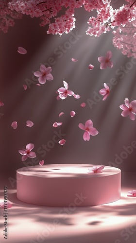 Soft Pink Petals Fall Gracefully on a Serene Platform in a Dreamy Setting