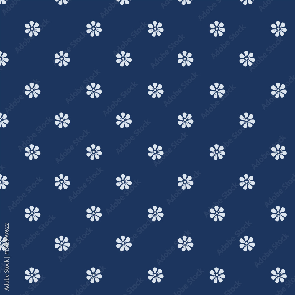 Small white flowers pattern doodle shapes motif continuous blue background. Modern floral fabric design textile swatch ladies dress, men's shirt all over print block. Small white flowers pattern doodle shapes motif continuous blue background. Modern floral fabric design textile swatch ladies dress, men's shirt all over print block.