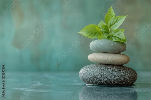 Stacked Stones With Green Leaves in a Serene Indoor Setting for Relaxation an...