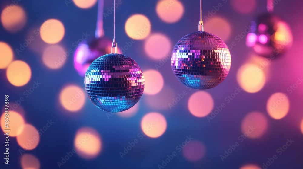 Obraz premium Glimmering Disco Balls with Colorful Bokeh Background Creating a Festive Atmosphere for Parties and Celebrations in Vibrant Light Play