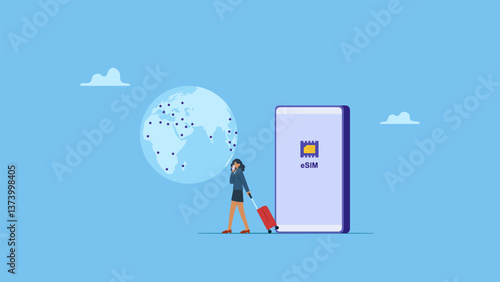 Businesswoman with suitcase and on the phone walking beside big smartphone ready to business trip. Using eSIM Embedded Subscriber Identity Module for digital nomad.