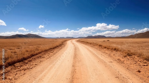 Fototapeta Naklejka Na Ścianę i Meble -  A scenic winding dirt road stretches through an arid landscape showcasing vast grasslands and distant mountains under a bright blue sky with fluffy white clouds.