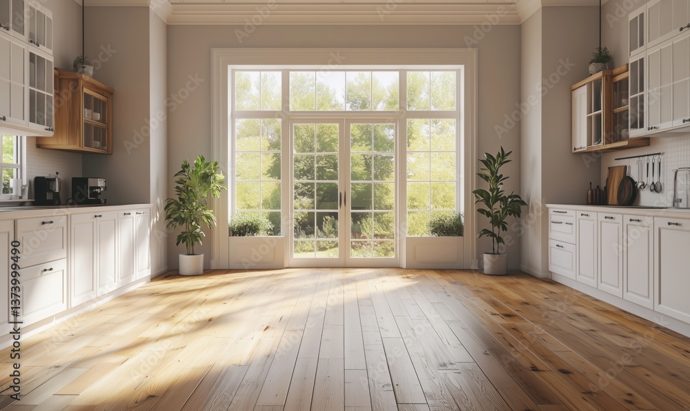 Fototapeta premium Spacious modern kitchen with large windows and natural light overlooking garden